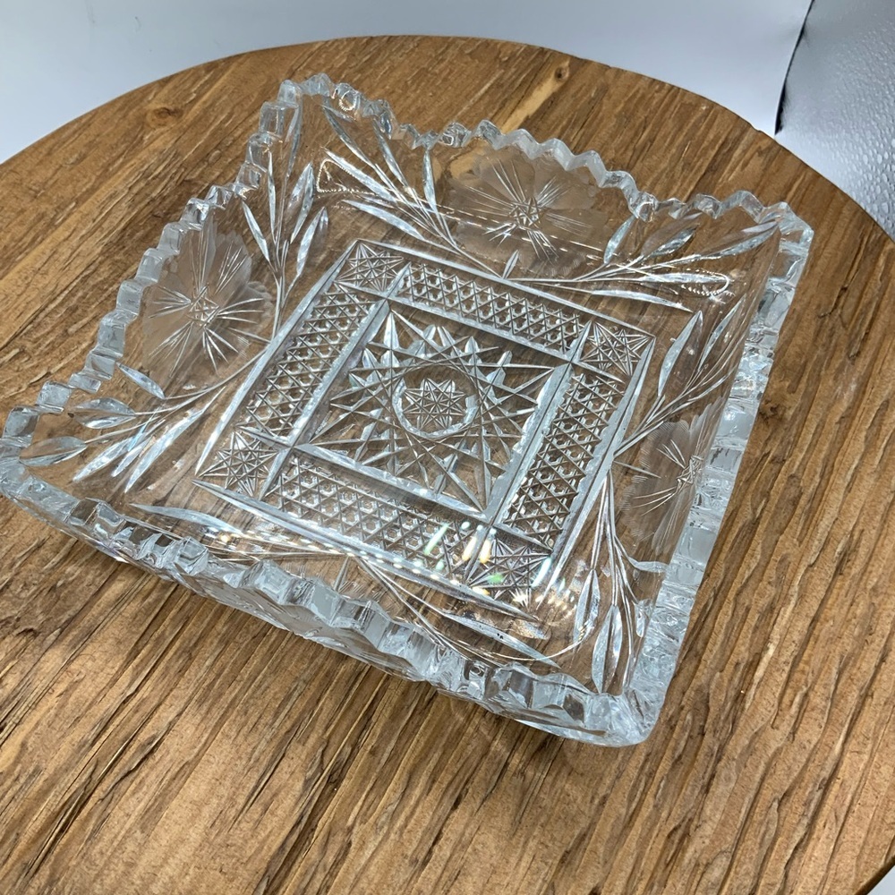 American Brillant Vintage Crystal Square Diamond Cuts Sawtooth Edge Ashtray